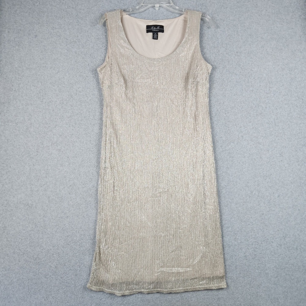 R & M Collection Shift Dress Womens 10 Champagne Gold Metallic Plisse Sleeveless